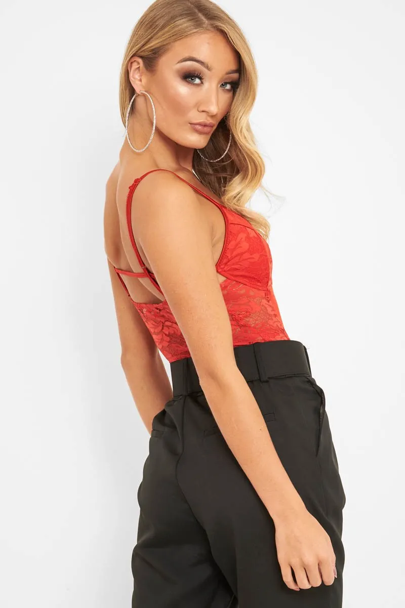 Red Satin Lace Cut Out Bodysuit - Aleiya