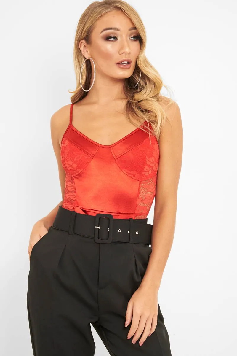 Red Satin Lace Cut Out Bodysuit - Aleiya