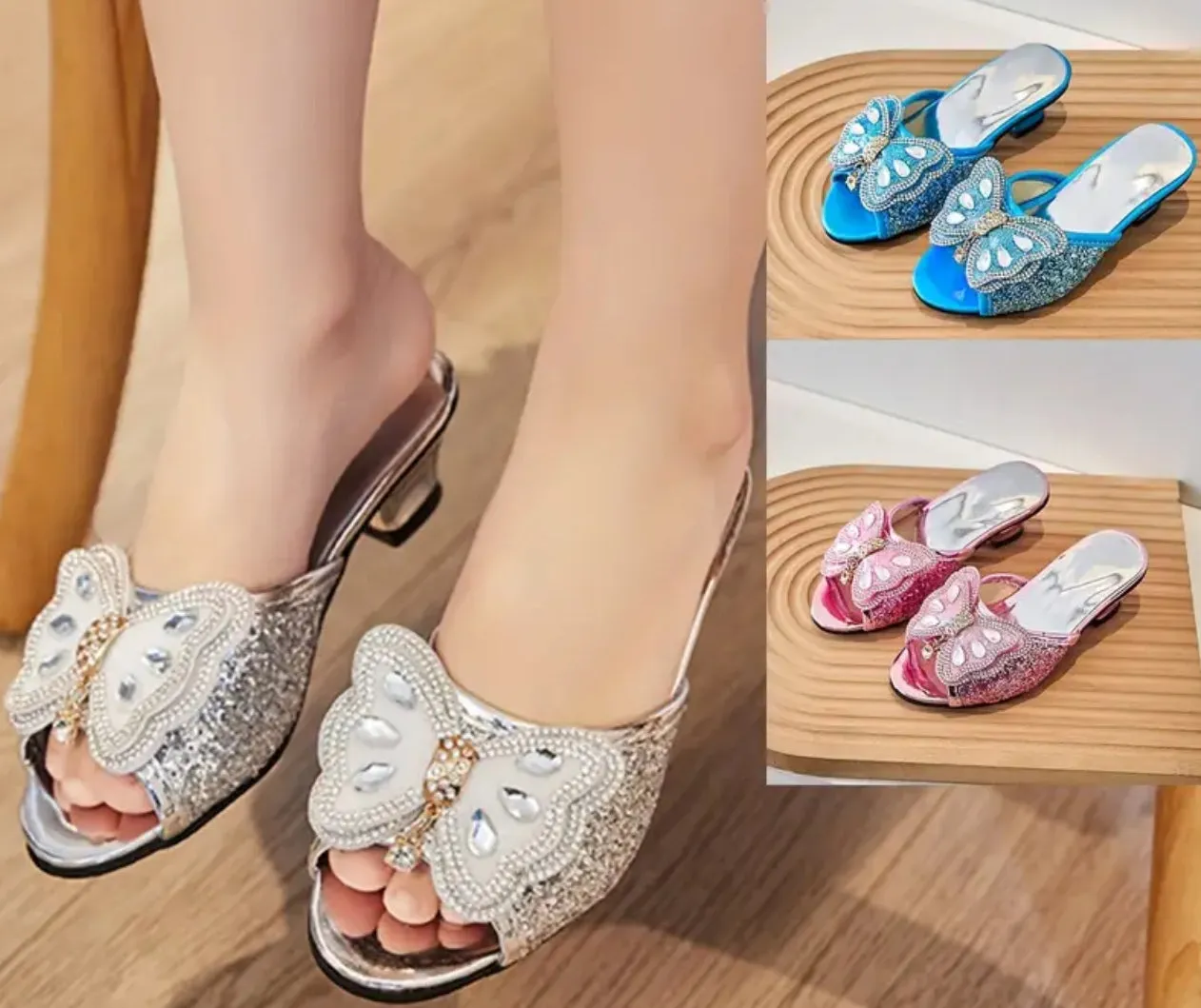 “Rhinestone Butterfly” Slip On High Heel Shoes For Girls