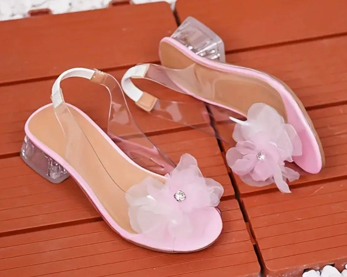 “Rhinestone Flower” Transparent High Heel Shoes For Girls