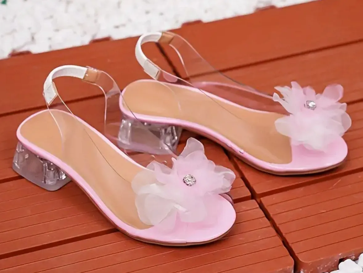 “Rhinestone Flower” Transparent High Heel Shoes For Girls