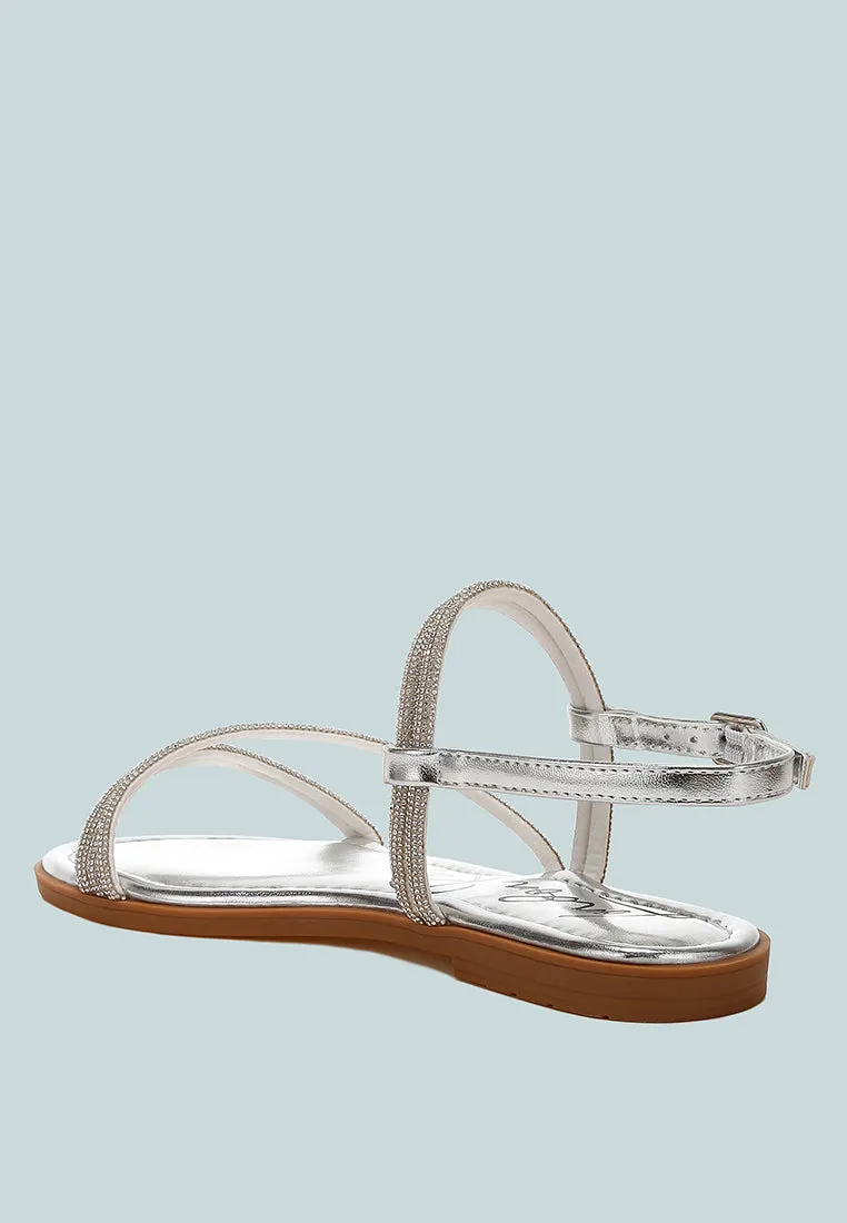 Rhinestone Strappy Flat Sandals By Ruw