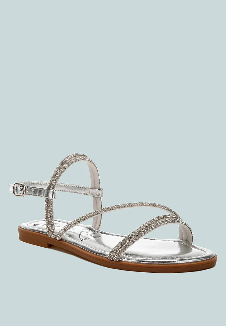 Rhinestone Strappy Flat Sandals By Ruw