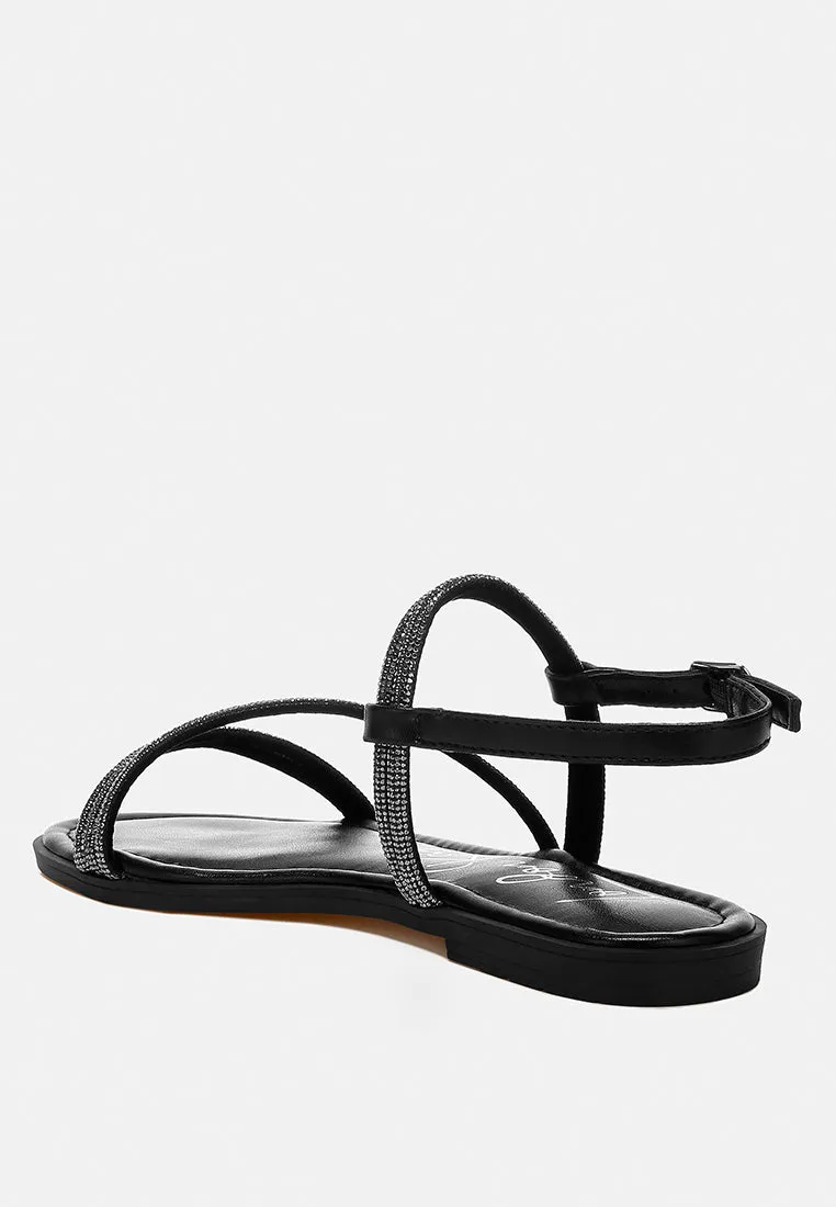 Rhinestone Strappy Flat Sandals By Ruw