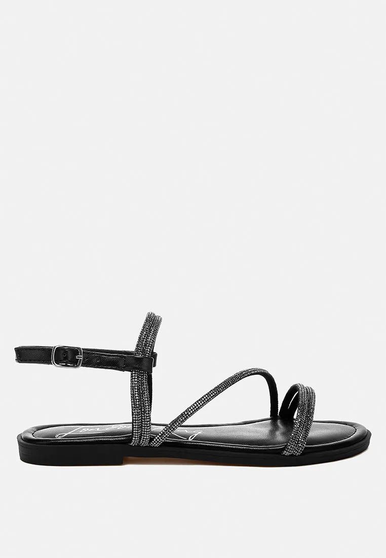 Rhinestone Strappy Flat Sandals By Ruw