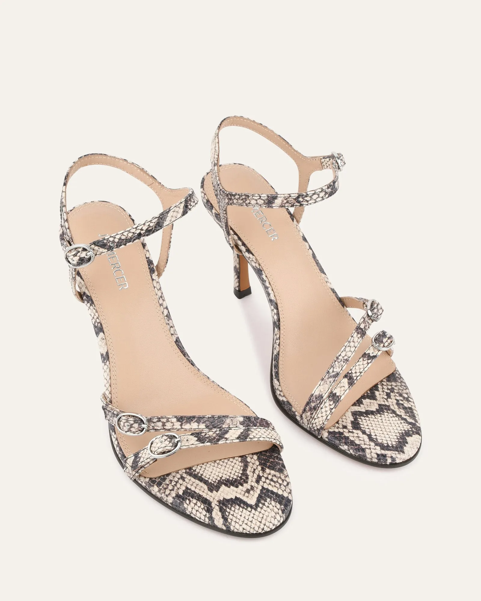 ROMY HIGH HEEL SANDALS NATURAL SNAKE PRINT LEATHER