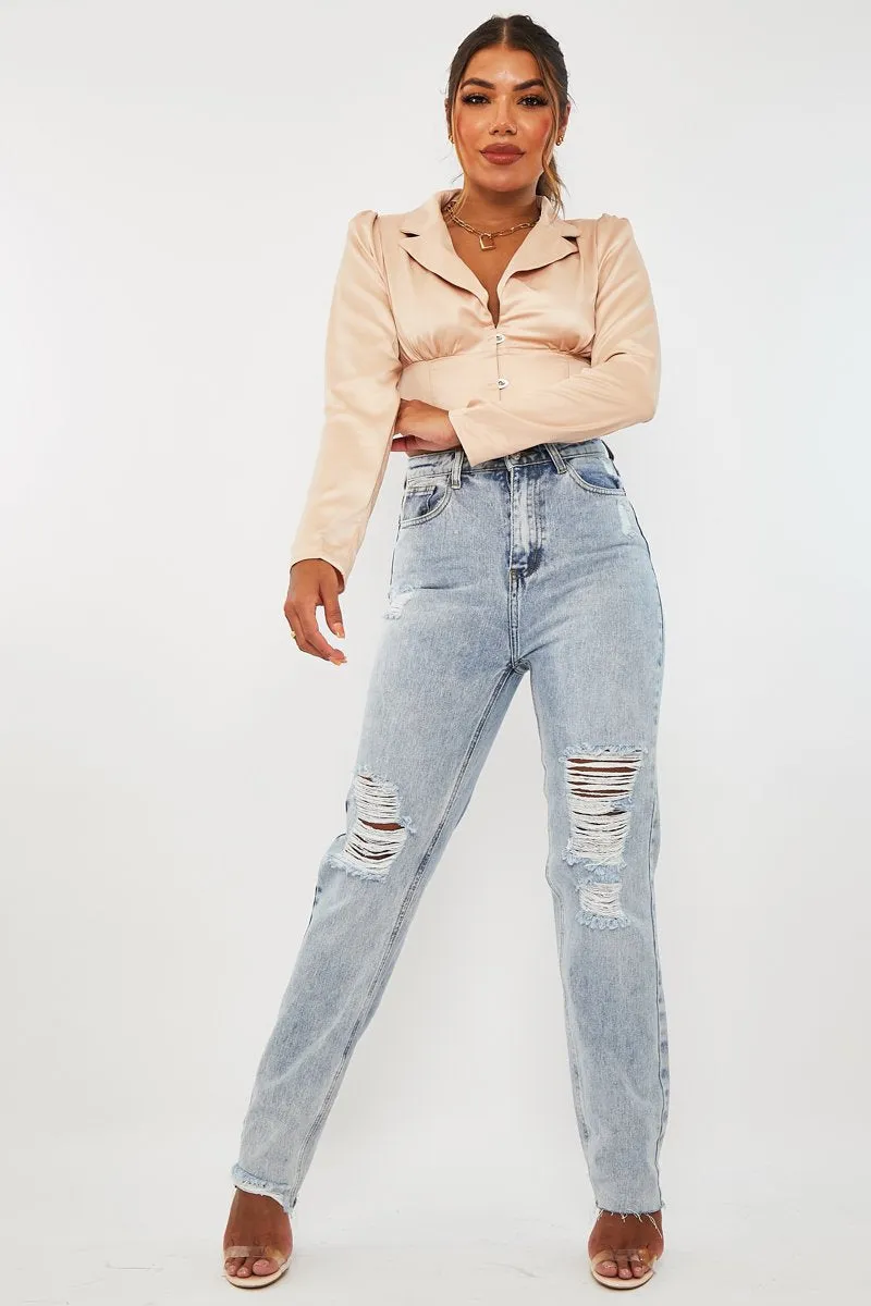 Rose Gold Satin Puff Shoulder Crop Top - Ciarra