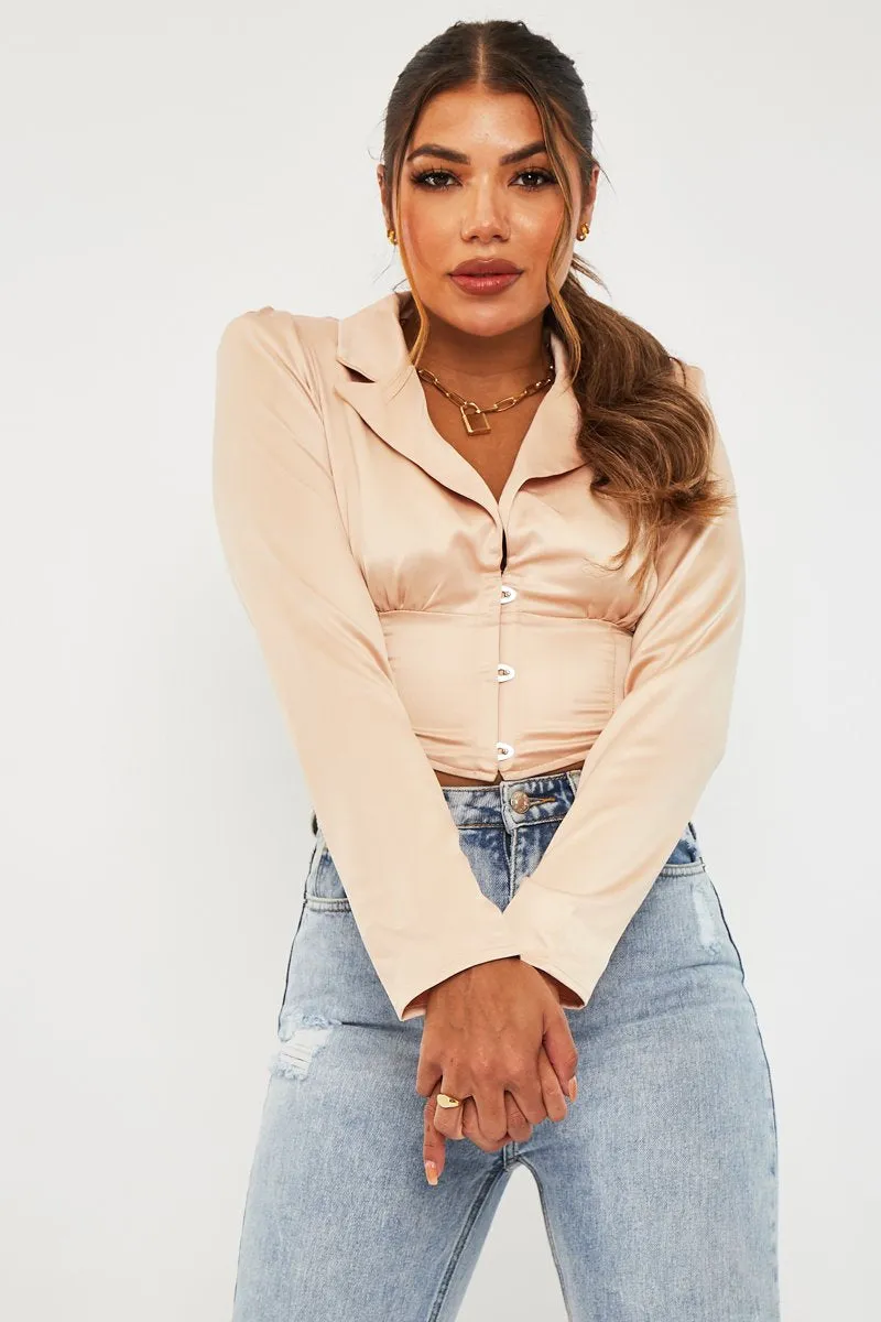 Rose Gold Satin Puff Shoulder Crop Top - Ciarra