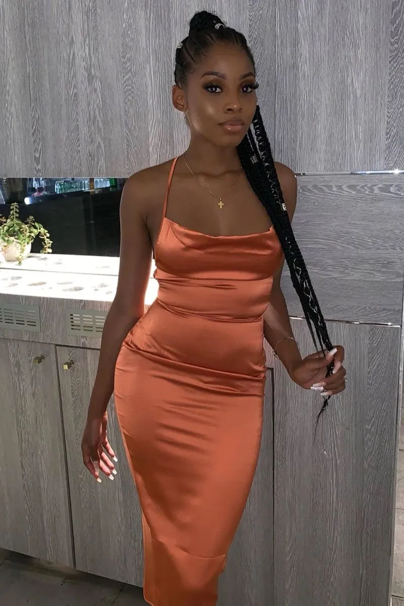 Rust Satin Cowl Neck Midi Bodycon Dress - Liliana