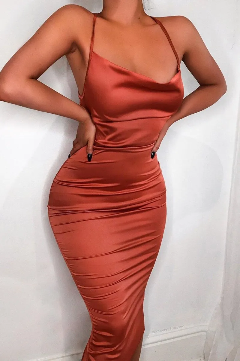 Rust Satin Cowl Neck Midi Bodycon Dress - Liliana