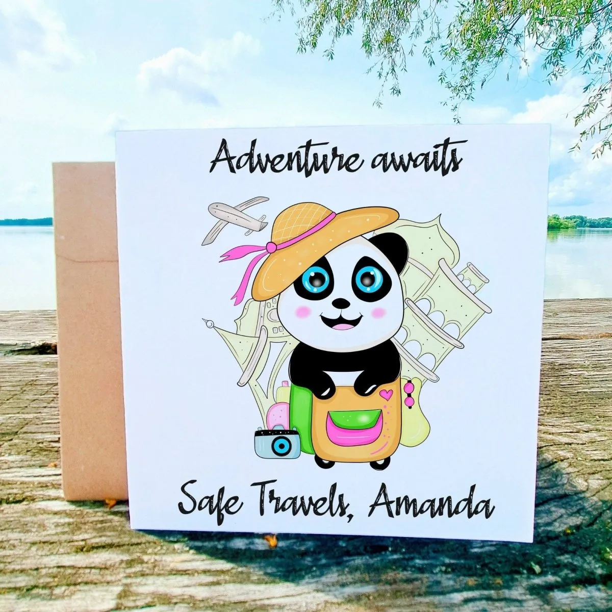 Safe Travels Greeting Card, Personalized Panda Trip Card with Custom Name & Message, Best Wishes Travel Card