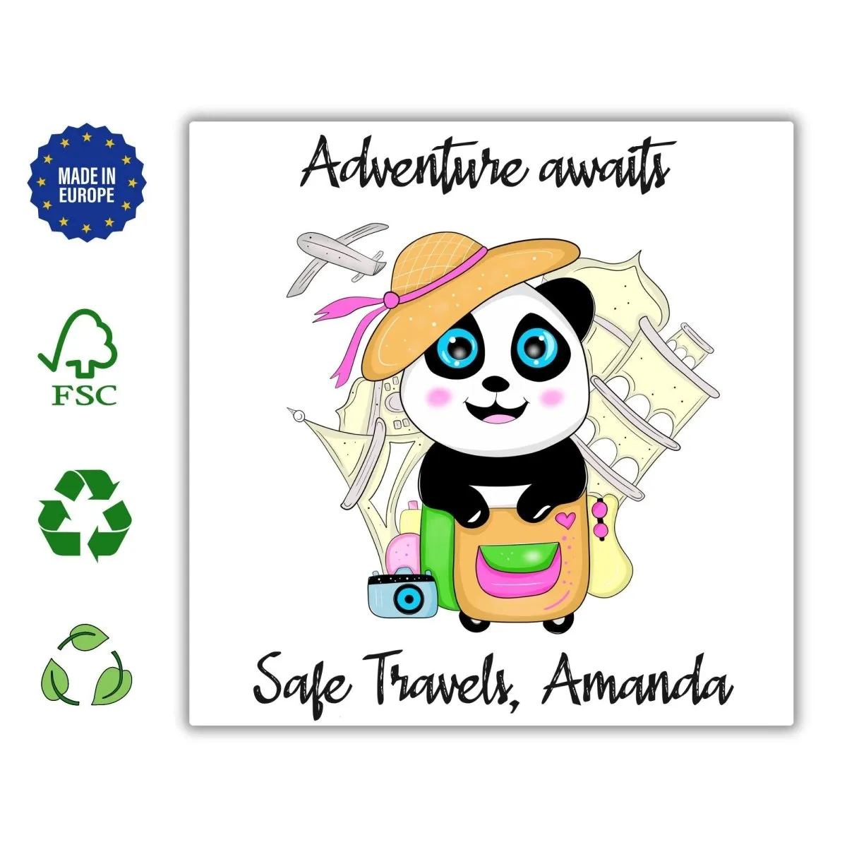 Safe Travels Greeting Card, Personalized Panda Trip Card with Custom Name & Message, Best Wishes Travel Card