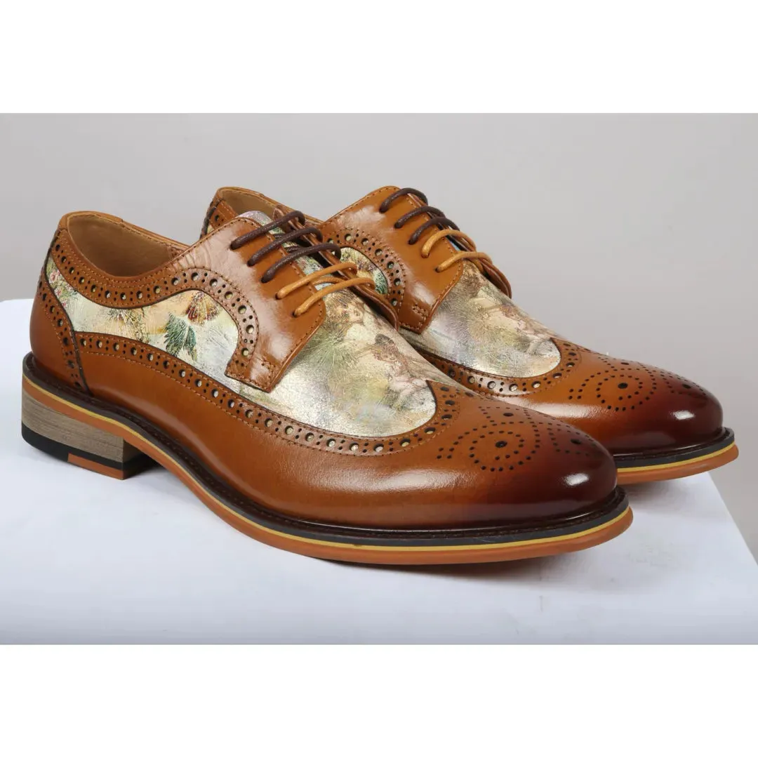 Scott - Men's Brown Iconic Print Leather Brogue Shoes