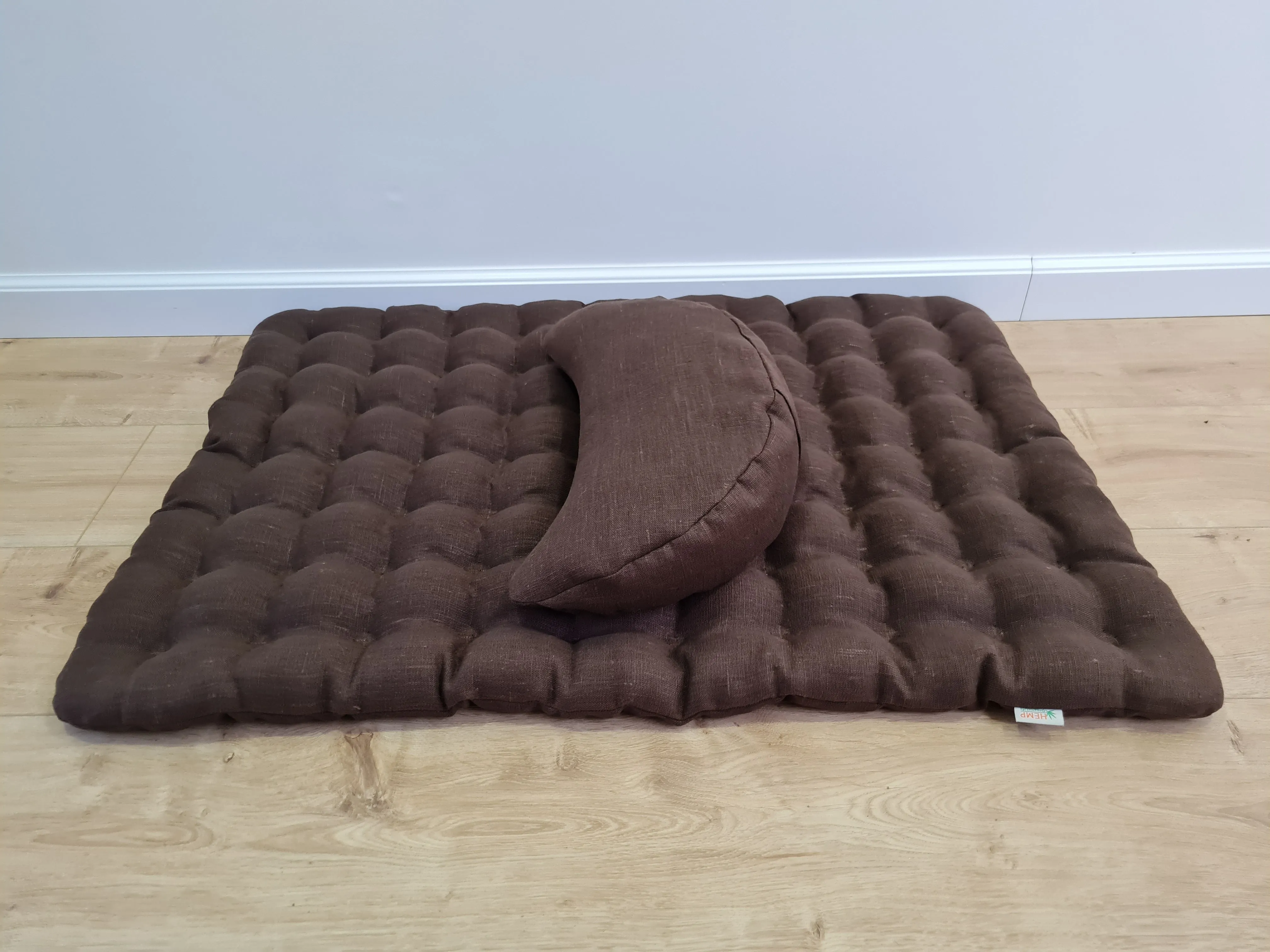 Set of linen meditation Crescent cushion   mat floor cushion 23 x 35 filled with buckwheat hulls