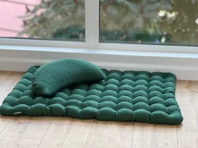 Set of linen meditation green Cresсent cushion   mat floor cushion 23 x 35 filled with buckwheat hulls