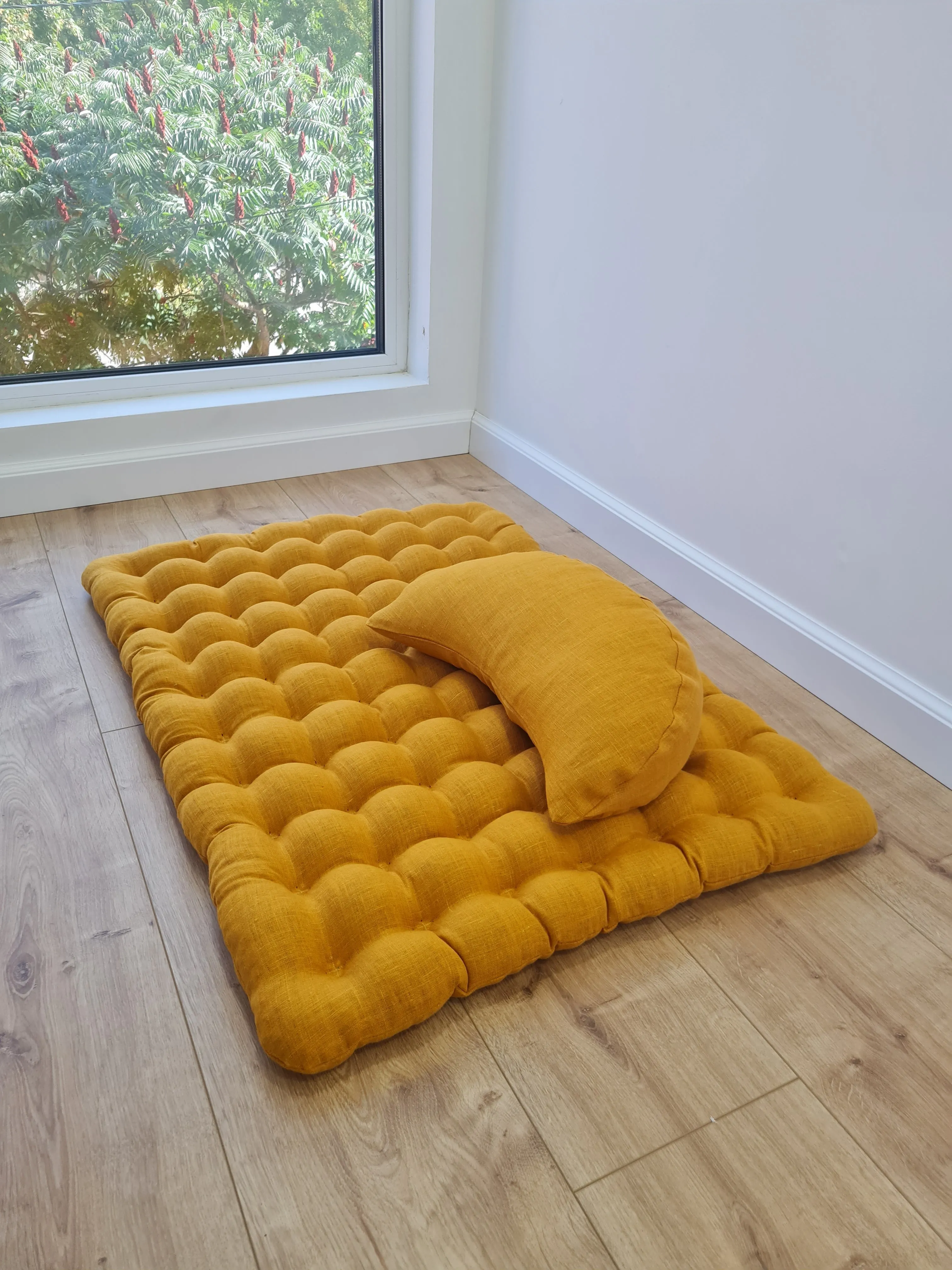 Set of linen meditation mustard Cresсent cushion   mat floor cushion 23 x 35 filled with buckwheat hulls