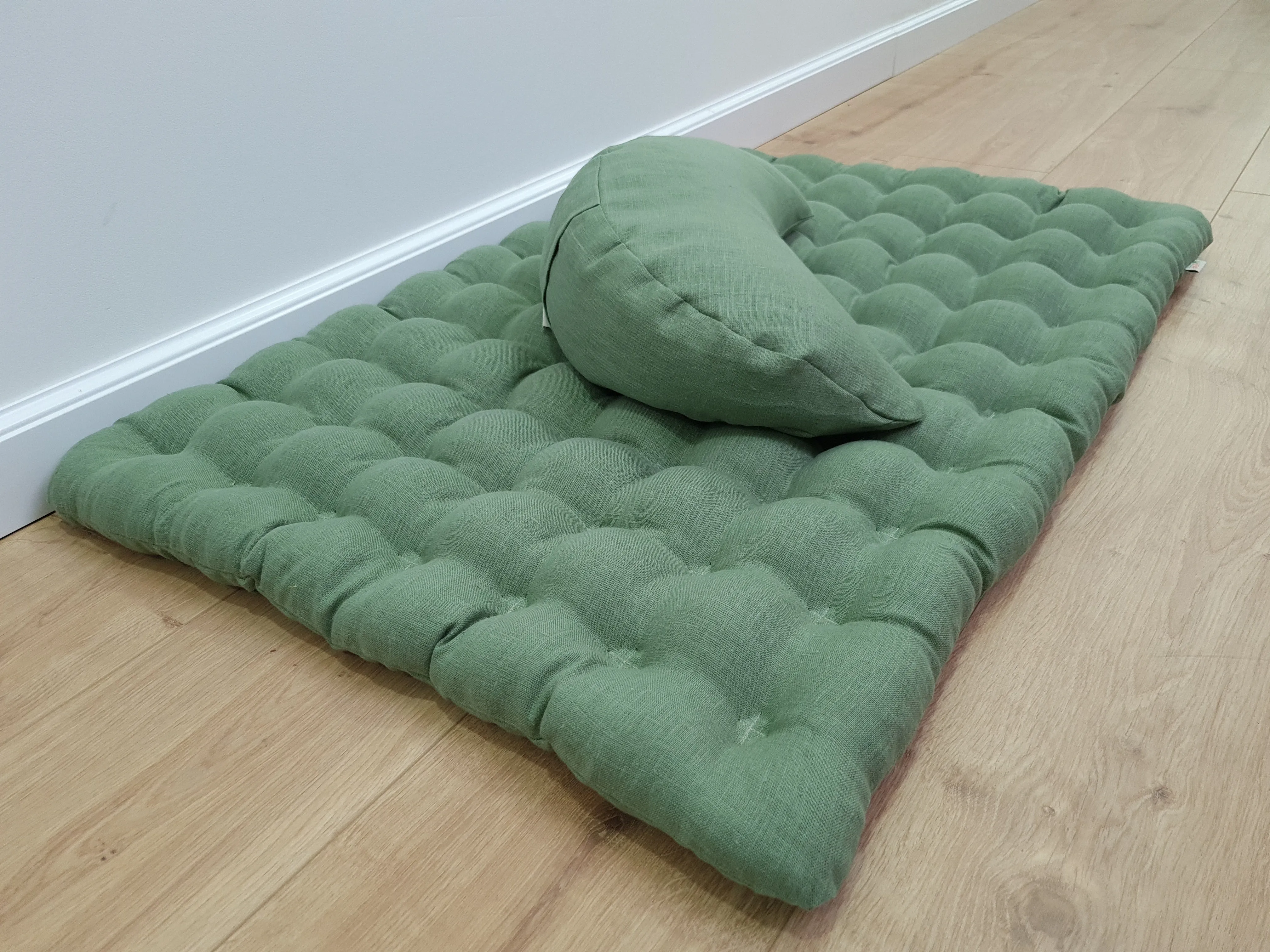 Set of linen meditation olive Cresсent cushion   mat floor cushion 23 x 35 filled with buckwheat hulls