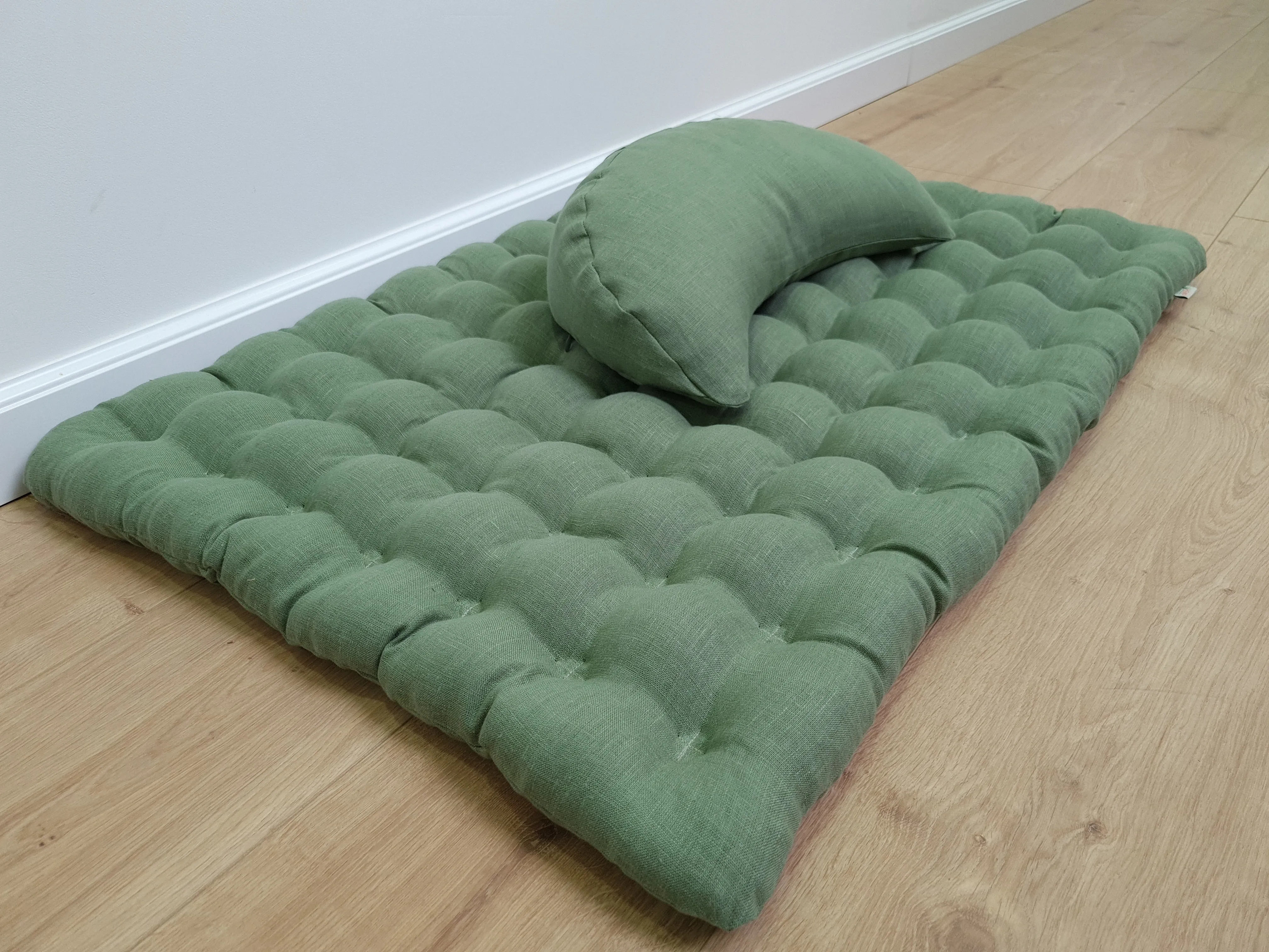 Set of linen meditation olive Cresсent cushion   mat floor cushion 23 x 35 filled with buckwheat hulls