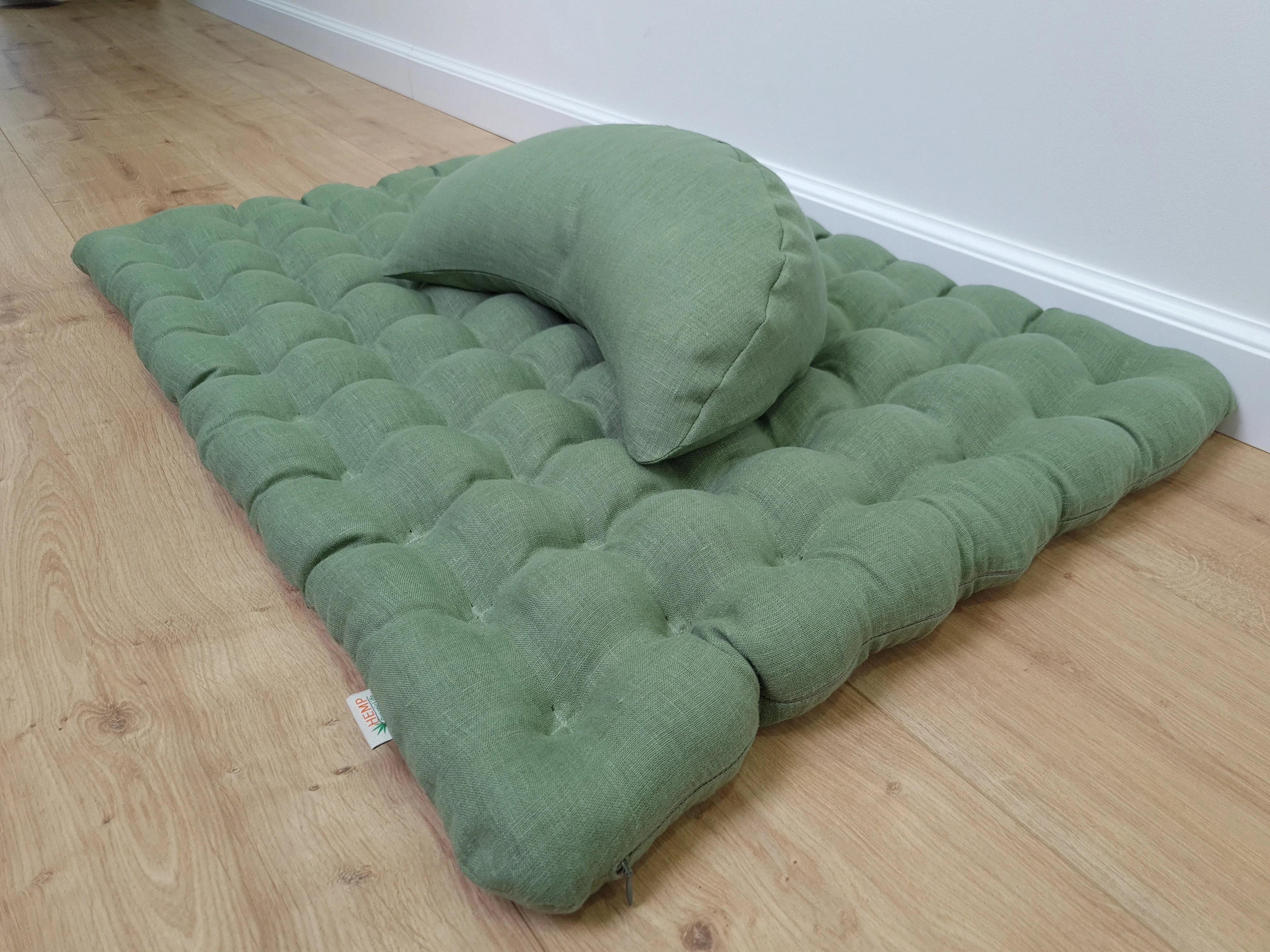 Set of linen meditation olive Cresсent cushion   mat floor cushion 23 x 35 filled with buckwheat hulls