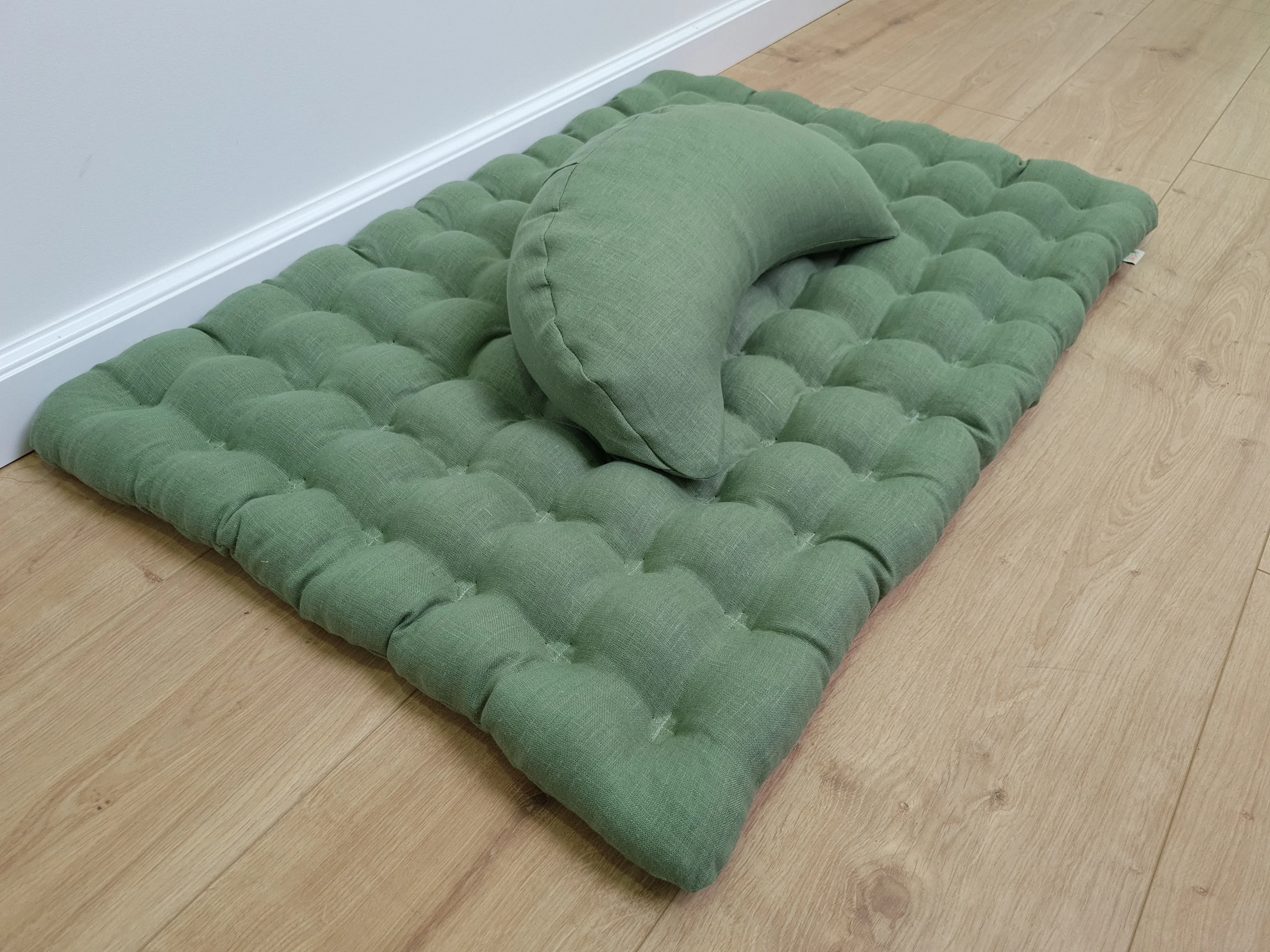 Set of linen meditation olive Cresсent cushion   mat floor cushion 23 x 35 filled with buckwheat hulls