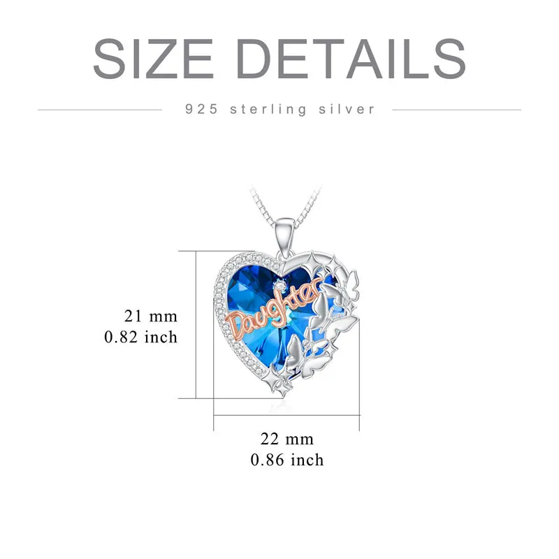 Sterling Silver  Blue Crystal Butterfly& Daughter Pendant Necklace