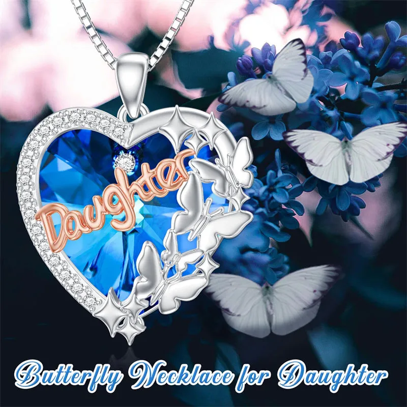 Sterling Silver  Blue Crystal Butterfly& Daughter Pendant Necklace