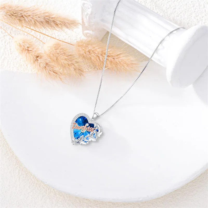 Sterling Silver  Blue Crystal Butterfly& Daughter Pendant Necklace