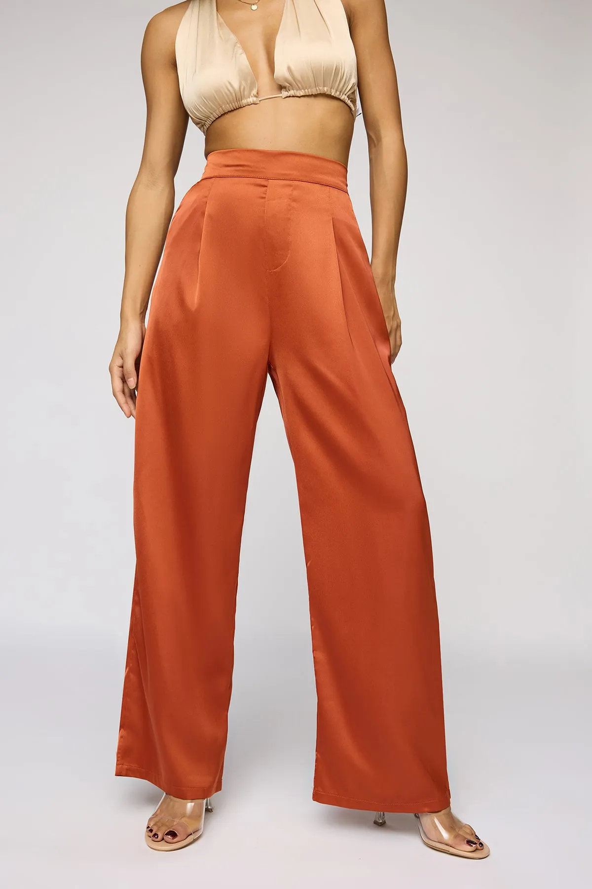 Warm Amber Satin Straight Korean Pants