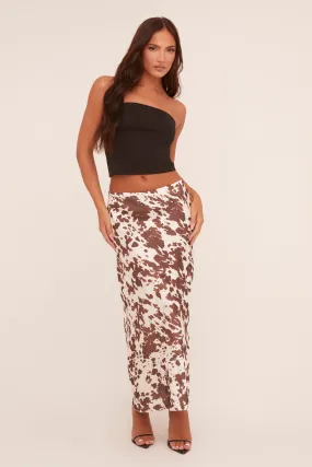 White Satin Cow Print Maxi Skirt - Fame