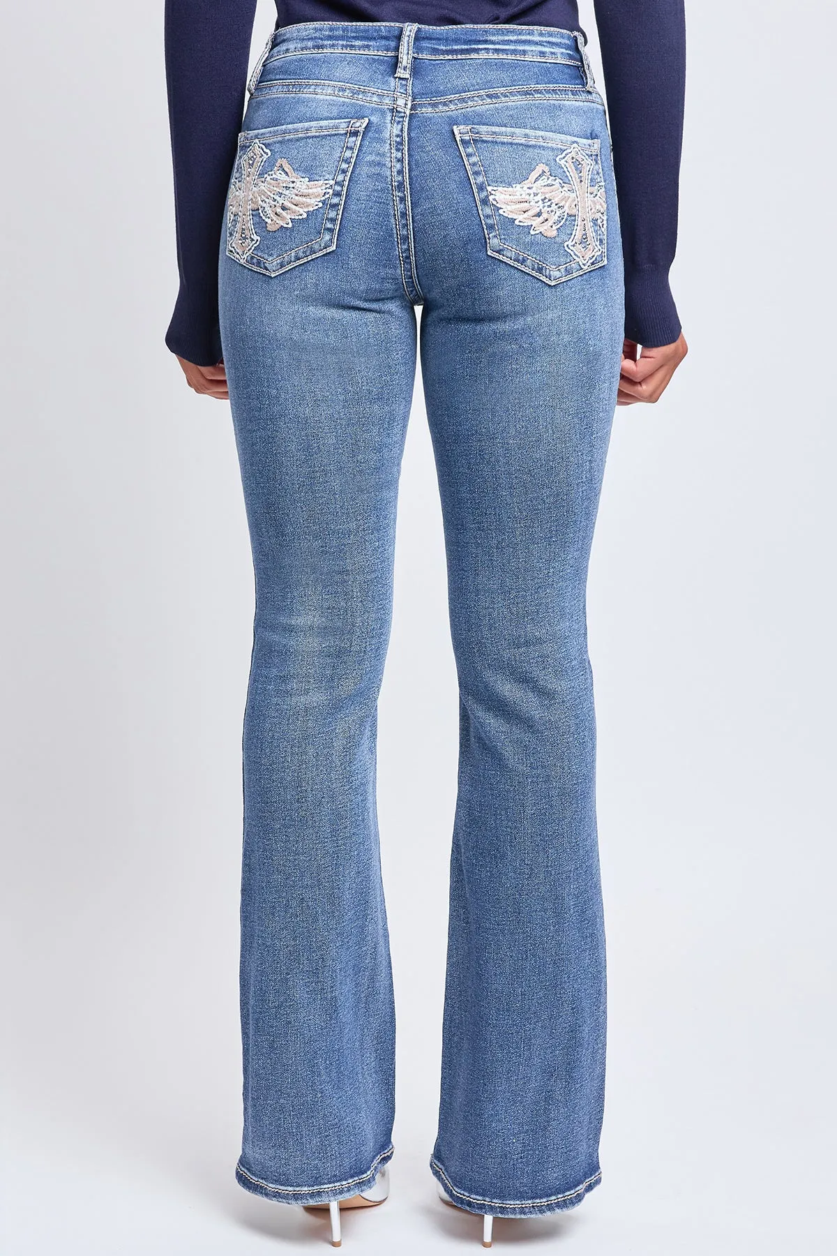 Women's Mid Rise Heavy Stitch Bootcut Cross Studded Jeans