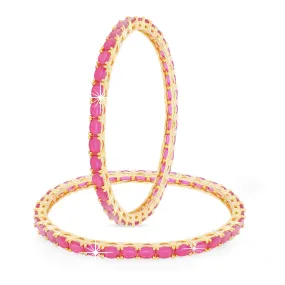 Yellow Chimes Classic Pink AD/American Diamond Studded 18k Gold Plated Designer Oval 2 PCs Handcrafted Bangles Set for Women & Girls (2.8)