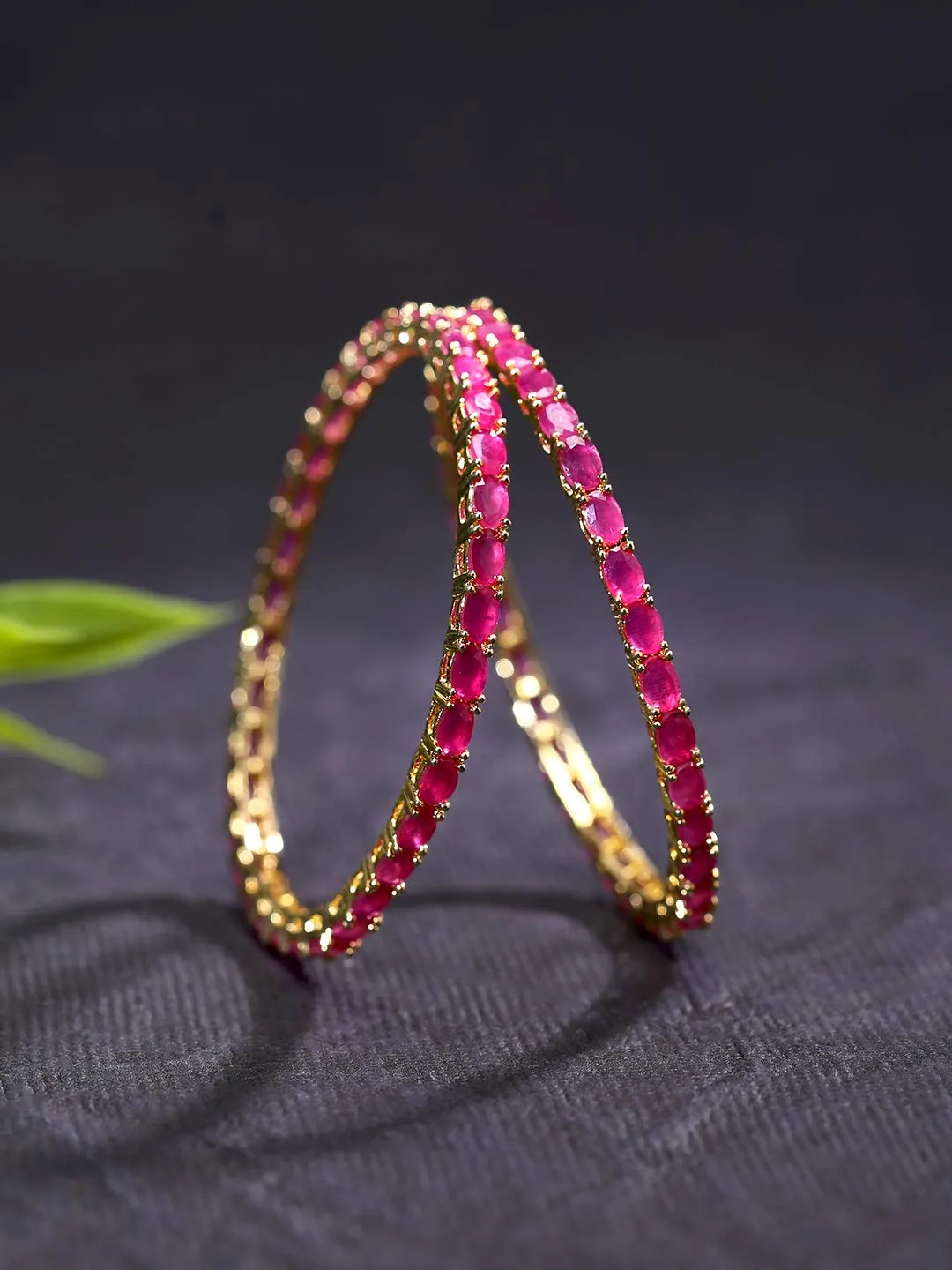 Yellow Chimes Classic Pink AD/American Diamond Studded 18k Gold Plated Designer Oval 2 PCs Handcrafted Bangles Set for Women & Girls (2.8)