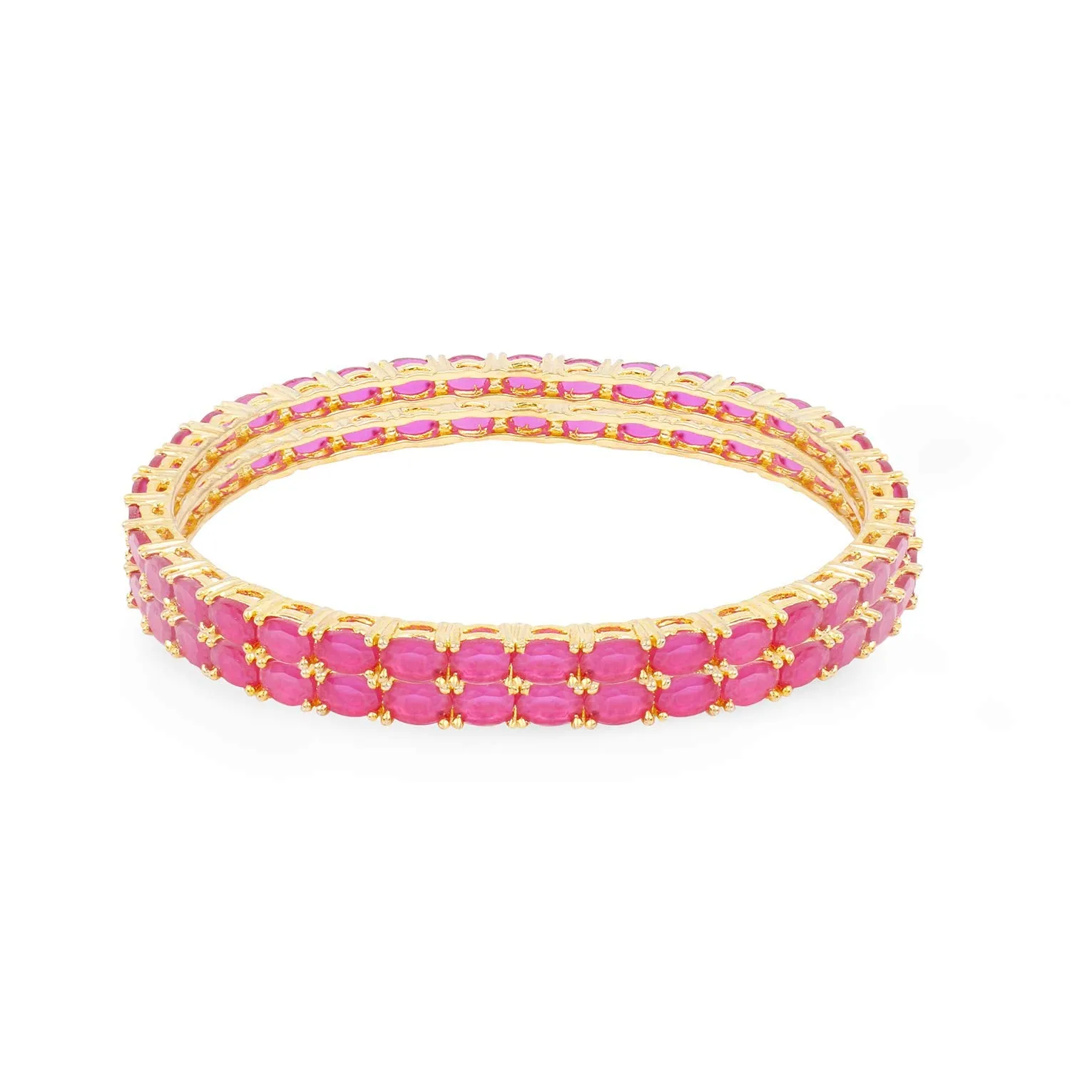 Yellow Chimes Classic Pink AD/American Diamond Studded 18k Gold Plated Designer Oval 2 PCs Handcrafted Bangles Set for Women & Girls (2.8)