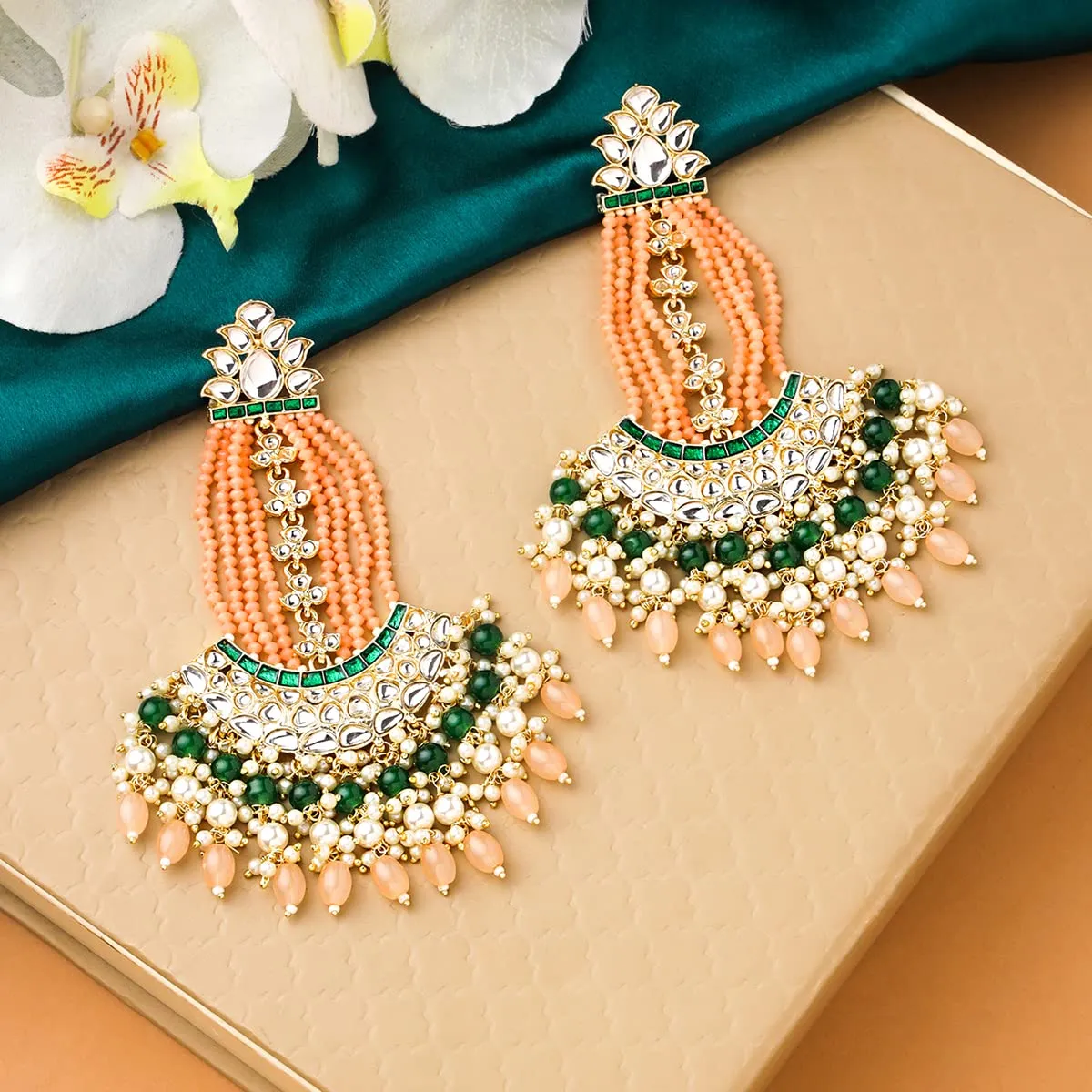 Yellow Chimes Earrings for Women Gold Toned Kundan Studded Green and Pink Beads Drop Chandbali Earrings for Women and Girls