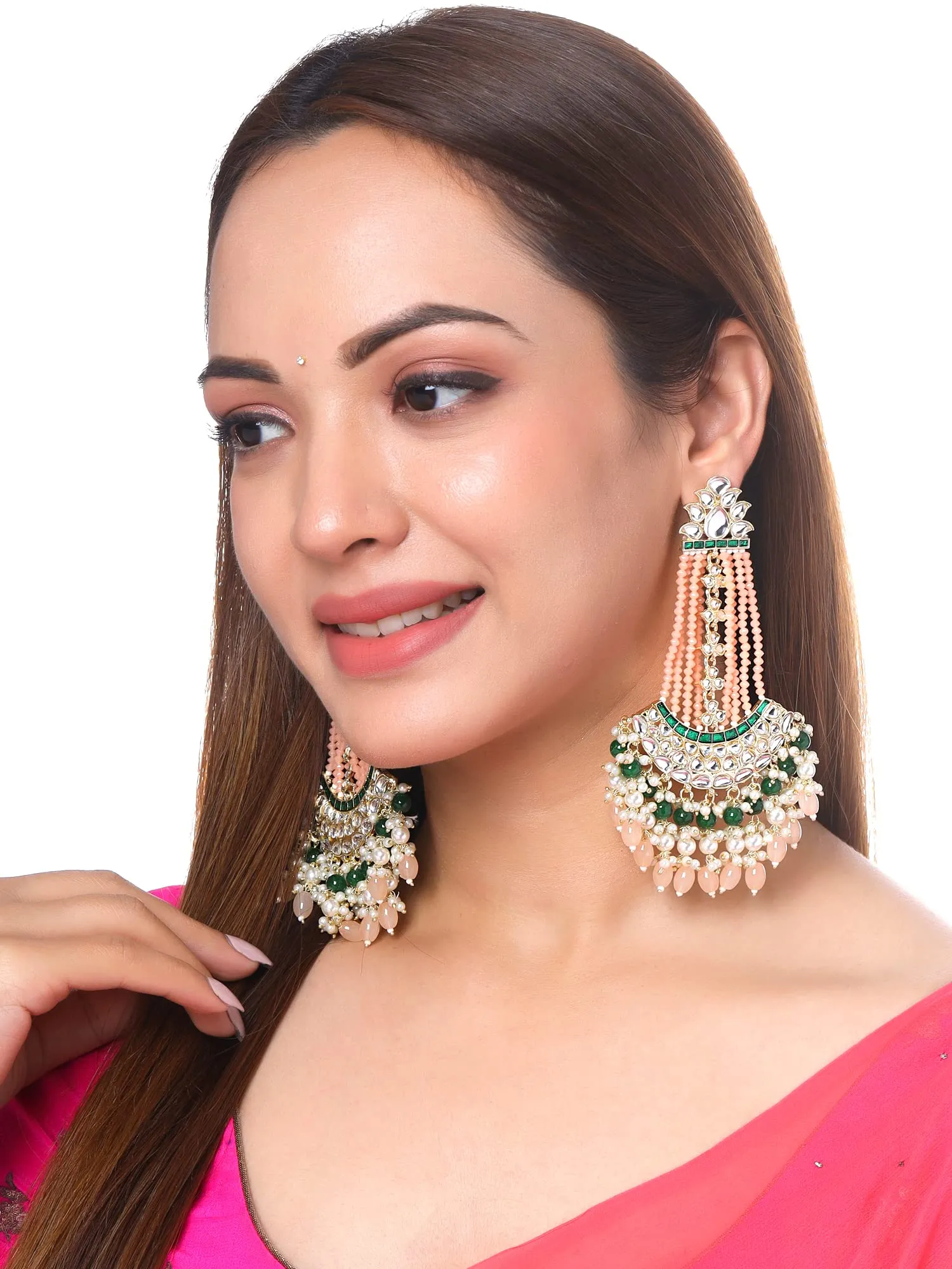 Yellow Chimes Earrings for Women Gold Toned Kundan Studded Green and Pink Beads Drop Chandbali Earrings for Women and Girls