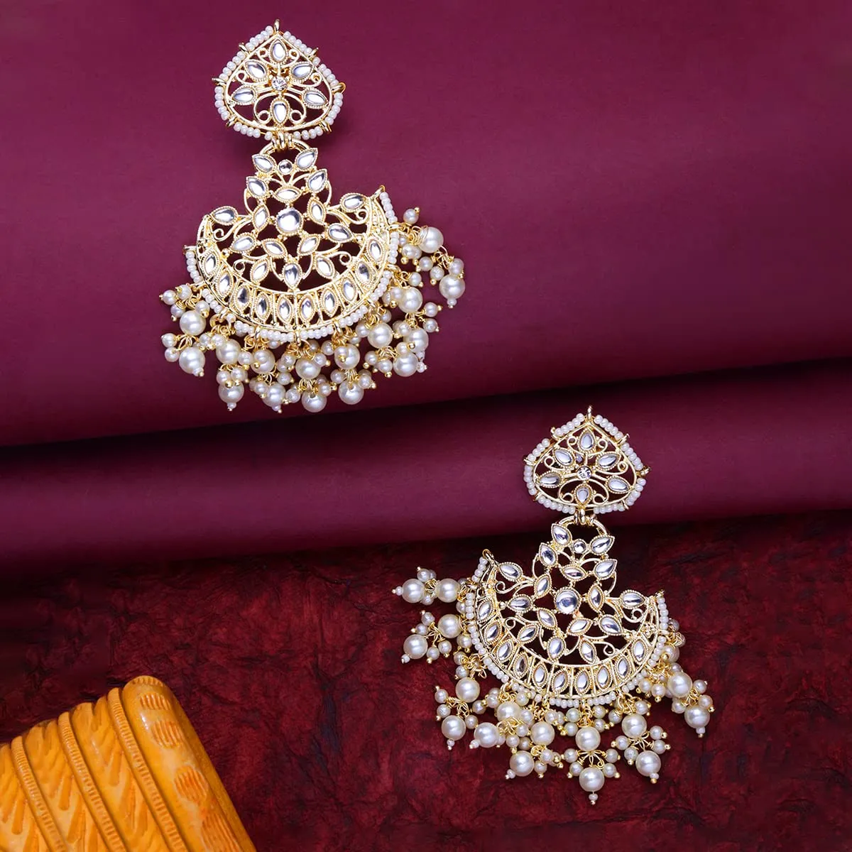 Yellow Chimes Earrings for Women Gold Toned Kundan Studded Pearl Drop Chandbali Designed Drop Earrings for Women and Girls (ER-11)