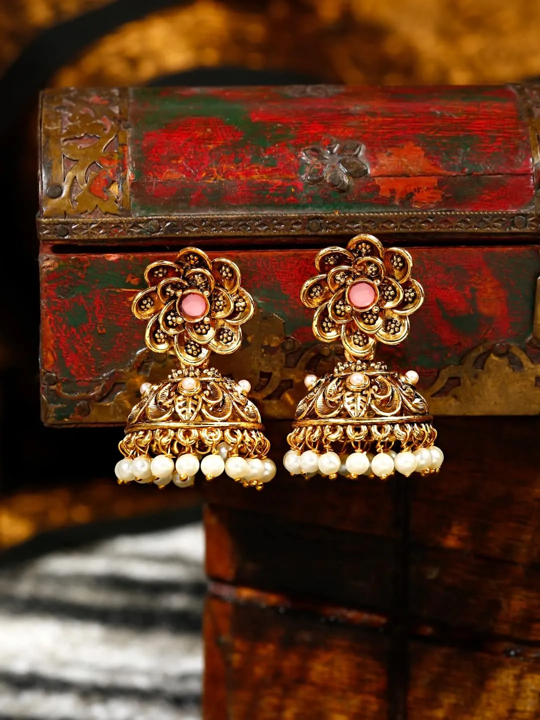 Yellow Chimes Earrings for Women Oxidised Gold Plated Peacock Designed Crystal studded Beads Drop Chandbali Drop Earrings for Women and Girls (ER 4)